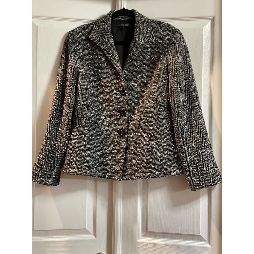 Lafayette 148 New York Blazer Womens 12 Black White Wool Blend Tweed Herringbone